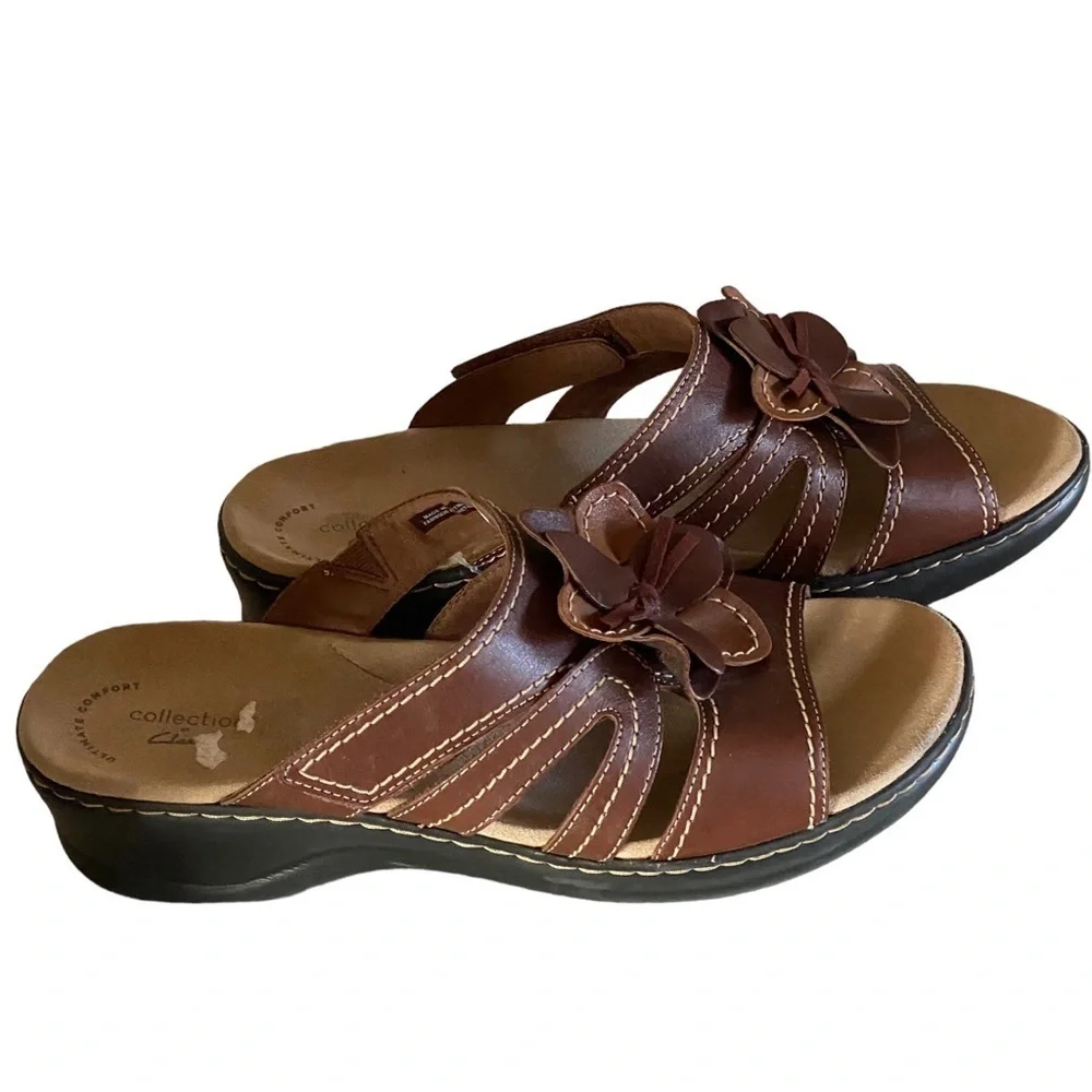 CLARKS COMFORT LEATHER COLLECTION SLIP-ONS BROWN 2” Heel Leather Flower …